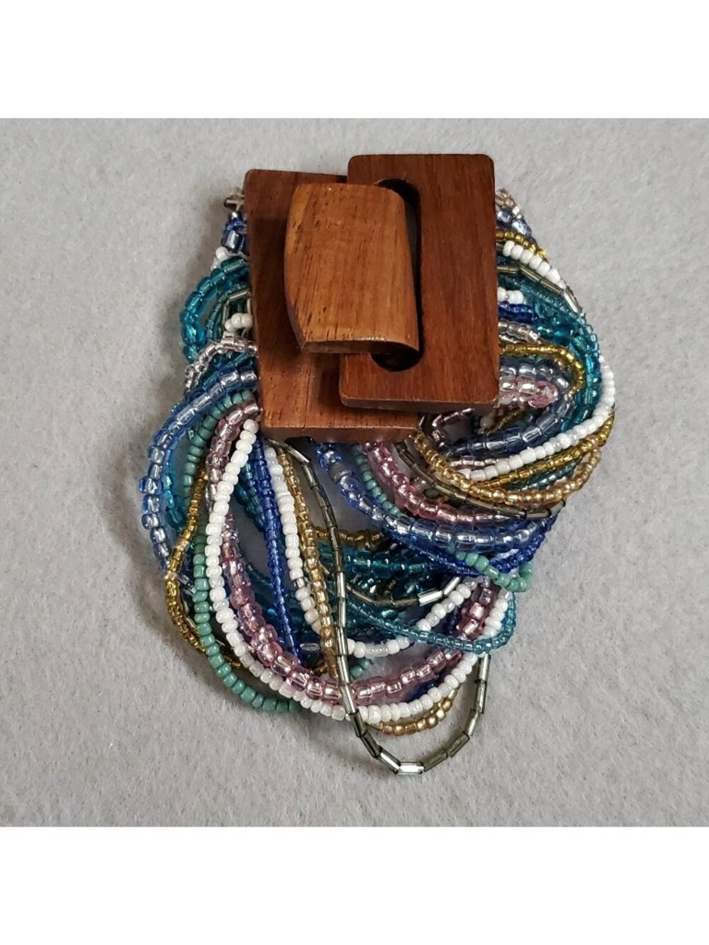 Beaded Bracelet Multi Strand Stretch Blue Green Pink Wood Hook 6.5"